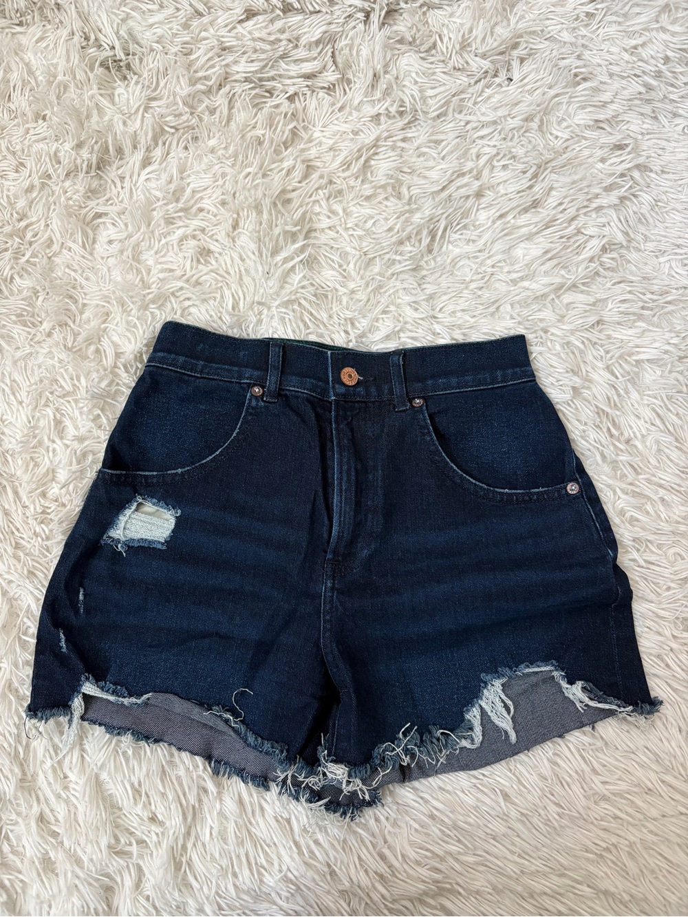Express Dark Blue Distressed High-Rise Denim Shorts